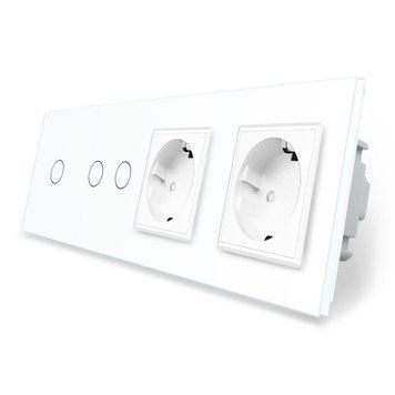 Сенсорный выключатель 3 сенсора 2 розетки Livolo стекло белый VL-C701/C702/C7C2EU-11