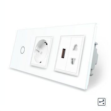 Сенсорный проходной выключатель 1 сенсор 1 розетка 1 USB 1 розетка универсальная Livolo стекло белый VL-C701SC1EU1USBC1A-11