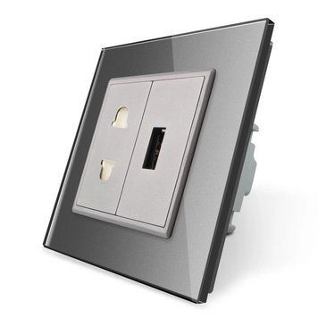 Розетка универсальная с USB розеткой Livolo стекло серый VL-C7C1AUSB-15