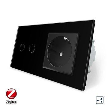 Умный сенсорный проходной выключатель 2 сенсора 1 розетка Livolo стекло черный VL-C702SZ/C7C1EU-12