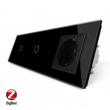 Умный сенсорный ZigBee выключатель 2 сенсора 1-1 1 розетка Livolo стекло черный VL-C701Z/C701Z/C7C1EU-12