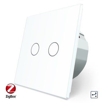 Умный сенсорный проходной ZigBee выключатель 2 сенсора Livolo стекло белый VL-C702SZ-11