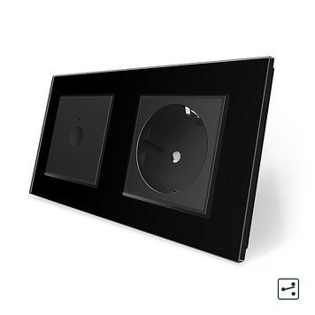 Сенсорный проходной/перекрестный выключатель Sense 1 сенсор 1 розетка Livolo черное стекло VL-C7FC1BPS/FCTC16A-4BP