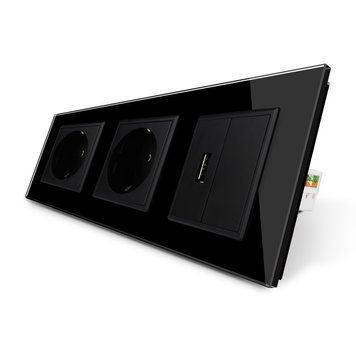 Розетка трехместная силовая с заземлением и USB цвет Livolo стекло черный VL-C7C2EU1USB0-12