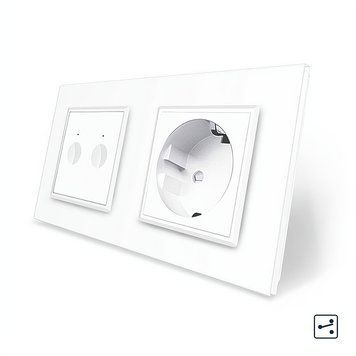 Сенсорный проходной/перекрестный выключатель Sense 2 сенсора 1 розетка Livolo белое стекло VL-C7FC2WPS/FCTC16A-4WP