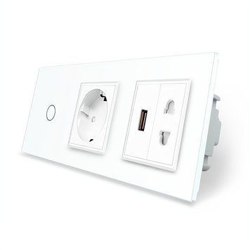 Сенсорный выключатель 1 сенсор 1 розетка 1 USB 1 розетка универсальная Livolo стекло белый VL-C701C1EU1USBC1A-11
