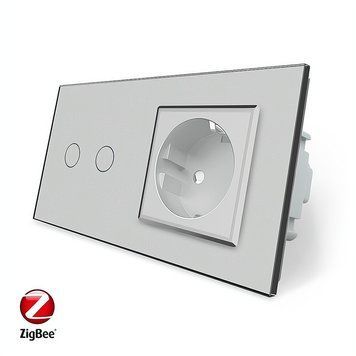 Умный сенсорный ZigBee выключатель 2 сенсора 1 розетка Livolo стекло серый VL-C702Z/C7C1EU-15