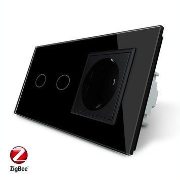 Умный сенсорный ZigBee выключатель 2 сенсора 1 розетка Livolo стекло черный VL-C702Z/C7C1EU-12