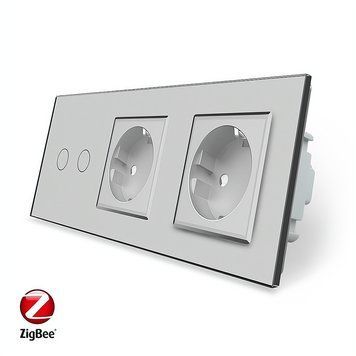 Умный сенсорный ZigBee выключатель 2 сенсора 2 розетки Livolo стекло серый VL-C702Z/C7C2EU-15