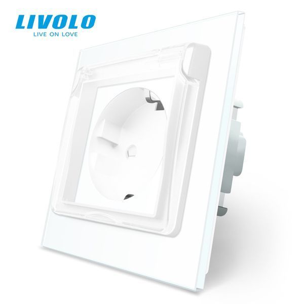 Розетка вологозахисна з кришкою Livolo скло білий VL-C7C1EUWF-11