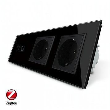 Умный сенсорный ZigBee выключатель 2 сенсора 2 розетки Livolo стекло черный VL-C702Z/C7C2EU-12