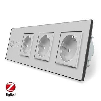 Умный сенсорный ZigBee выключатель 2 сенсора 3 розетки Livolo стекло серый VL-C702Z/C7C3EU-15