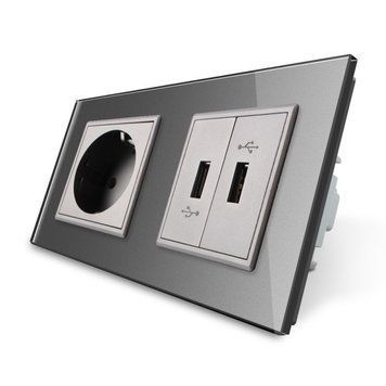 Розетка с заземлением с 2 USB розетками Livolo стекло серый VL-C7C1EU2USB-15