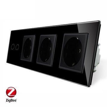 Умный сенсорный ZigBee выключатель 2 сенсора 3 розетки Livolo стекло черный VL-C702Z/C7C3EU-12