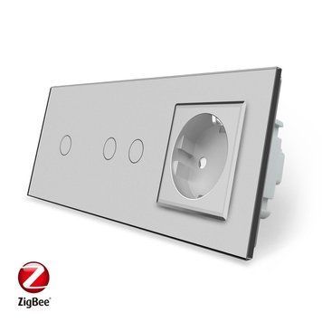 Умный сенсорный ZigBee выключатель 3 сенсора 1-2 1 розетка Livolo стекло серый VL-C701Z/C702Z/C7C1EU-15
