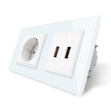 Розетка с заземлением с 2 USB розетками Livolo стекло белый VL-C7C1EU2USB-11