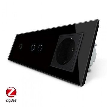 Умный сенсорный ZigBee выключатель 3 сенсора 1-2 1 розетка Livolo стекло черный VL-C701Z/C702Z/C7C1EU-12