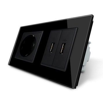 Розетка с заземлением с 2 USB розетками Livolo стекло черный VL-C7C1EU2USB-12