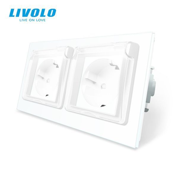 Розетка двойная влагозащищенная с крышкой Livolo стекло белый VL-C7C2EUWF-11