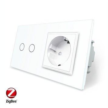 Умный сенсорный ZigBee выключатель 2 сенсора 1 розетка Livolo стекло белый VL-C702Z/C7C1EU-11