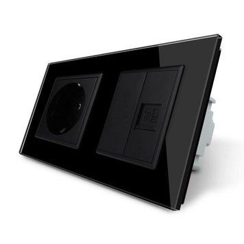 Розетка двухместная комбинированная Силовая Интернет Livolo стекло черный VL-C7C1EUK01C-12