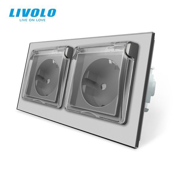 Розетка двойная влагозащищенная с крышкой Livolo стекло серый VL-C7C2EUWF-15