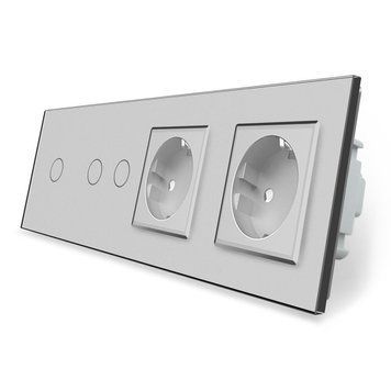 Сенсорный выключатель 3 сенсора 2 розетки Livolo стекло серый VL-C701/C702/C7C2EU-15
