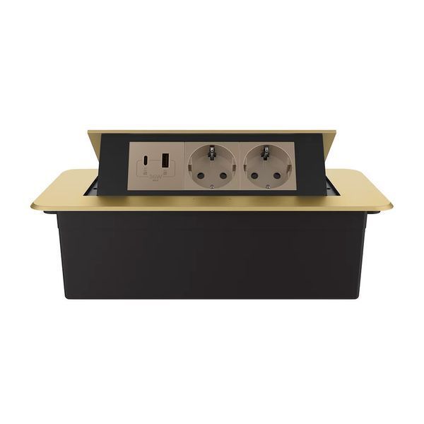 Мебельная розетка тройная Livolo золотая, встроенная в столешницу, с USB-A и USB Type-C 36 Вт, с заземлением VL-SHS013-TC-UA.UC-AP-A