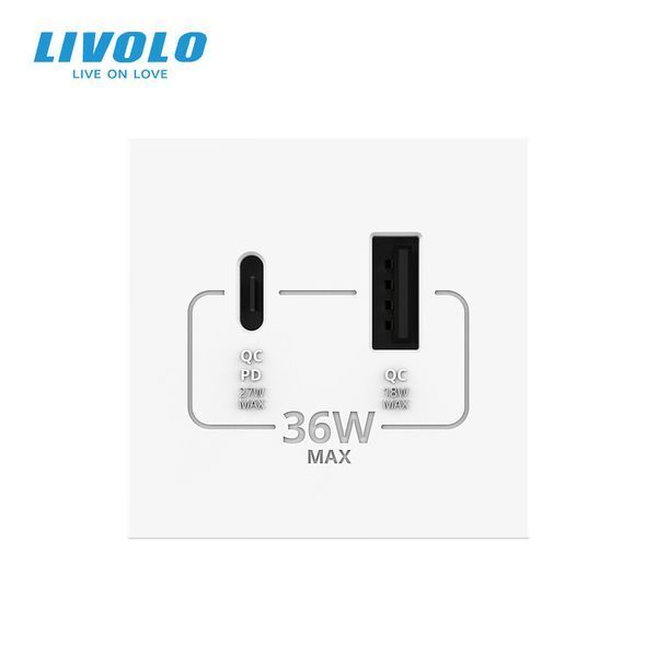 Механізм розетка USB-A та USB-C 36W Livolo білий VL-FCUA18W.UC18W-2WP