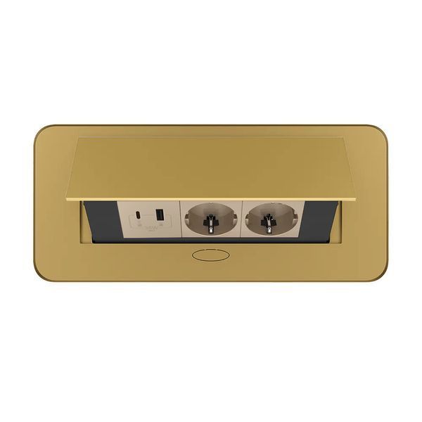 Мебельная розетка тройная Livolo золотая, встроенная в столешницу, с USB-A и USB Type-C 36 Вт, с заземлением VL-SHS013-TC-UA.UC-AP-A