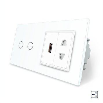 Сенсорный проходной выключатель 2 сенсора 1 розетка 1 USB Livolo стекло белый VL-C702S/C7USBC1A-11