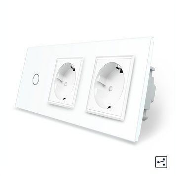Сенсорный проходной выключатель 1 сенсор 2 розетки Livolo стекло белый VL-C701S/C7C2EU-11