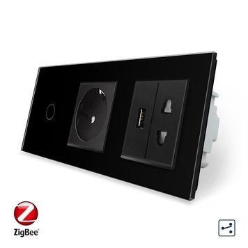 Розумний сенсорний прохідний вимикач 1 сенсор 1 розетка USB 1 розетка універсальна Livolo скло чорний VL-C701SZC1EU1USBC1A-12