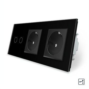 Сенсорный проходной выключатель 2 сенсора 2 розетки Livolo стекло черный VL-C702S/C7C2EU-12