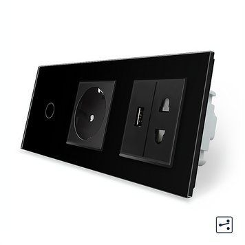 Сенсорний прохідний вимикач 1 сенсор 1 розетка 1 USB 1 розетка універсальна Livolo скло чорний VL-C701SC1EU1USBC1A-12