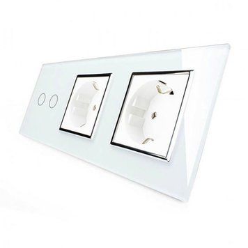 Сенсорный выключатель 2 сенсора 2 розетки Livolo стекло белый хром VL-C702/C7C2EU-11-chrome