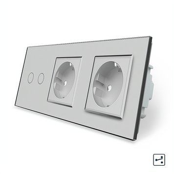 Сенсорный проходной выключатель 2 сенсора 2 розетки Livolo стекло серый VL-C702S/C7C2EU-15