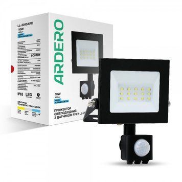 Світлодіодний прожектор Ardero LL-2010ARD 10W 800Lm 6500K з датчиком, чорний, вуличний, вологозахищений 80021