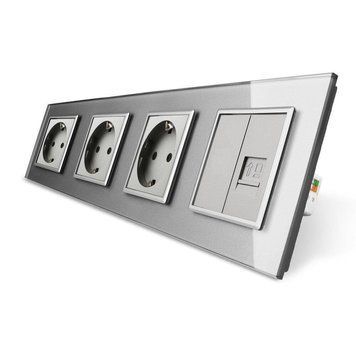 Розетка четырехместная комбинированная Силовая Интернет Livolo стекло серый VL-C7C3EU1CK0-15
